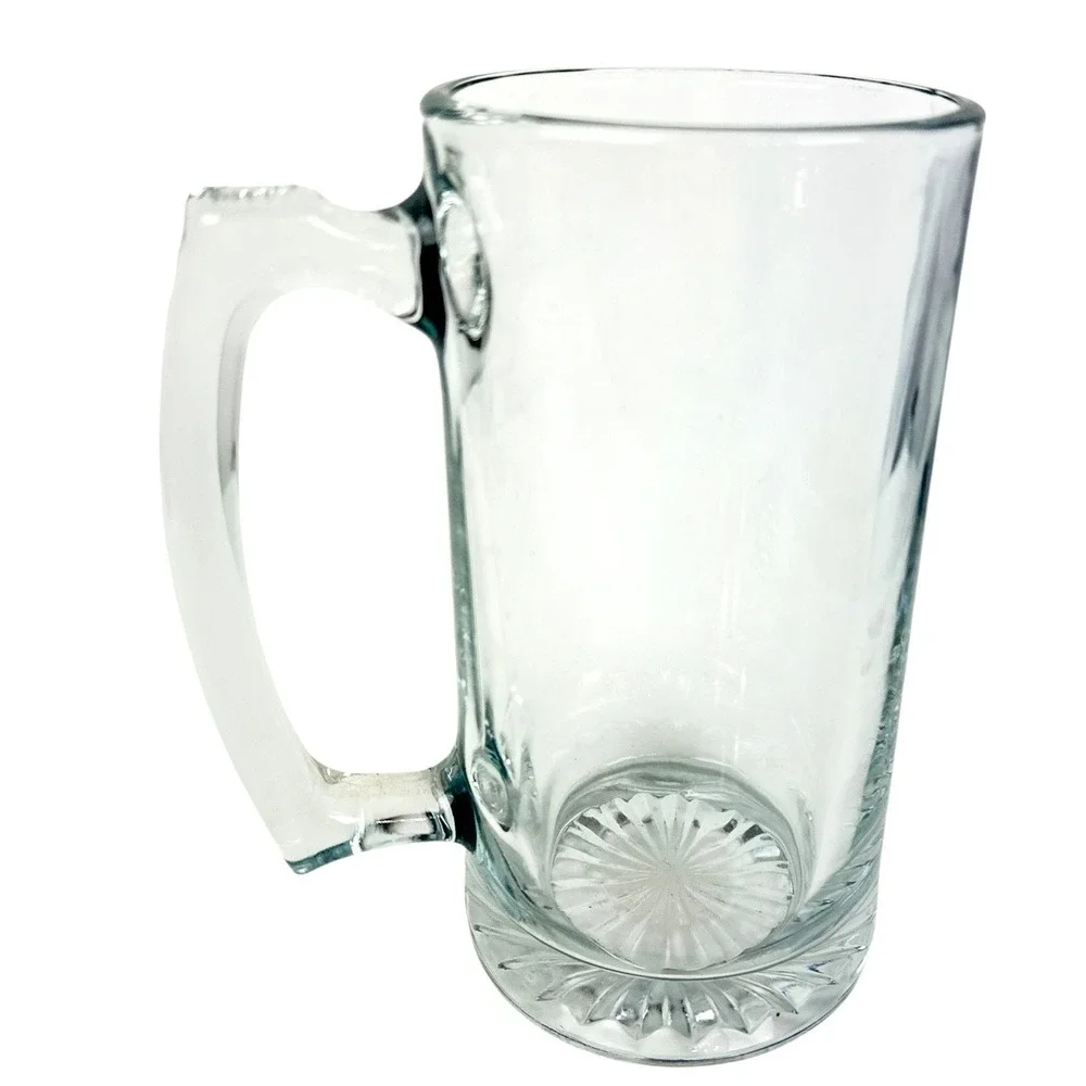 Vintage Style Heavy Clear Glass Beer Mug Starburst Base 7 Inch Tall Pub Stein